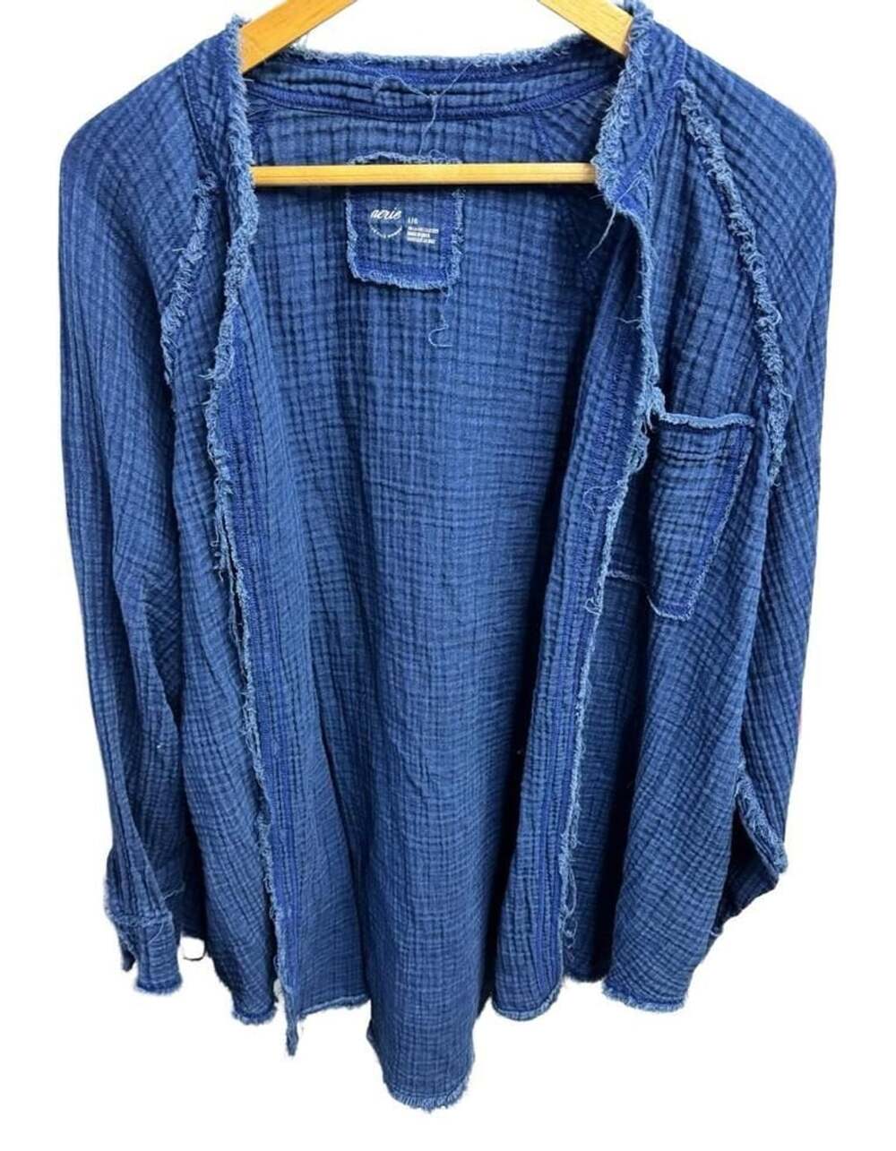 Aerie Gauzy Coverup Shirt Size L Blue Frayed Hem Button Down